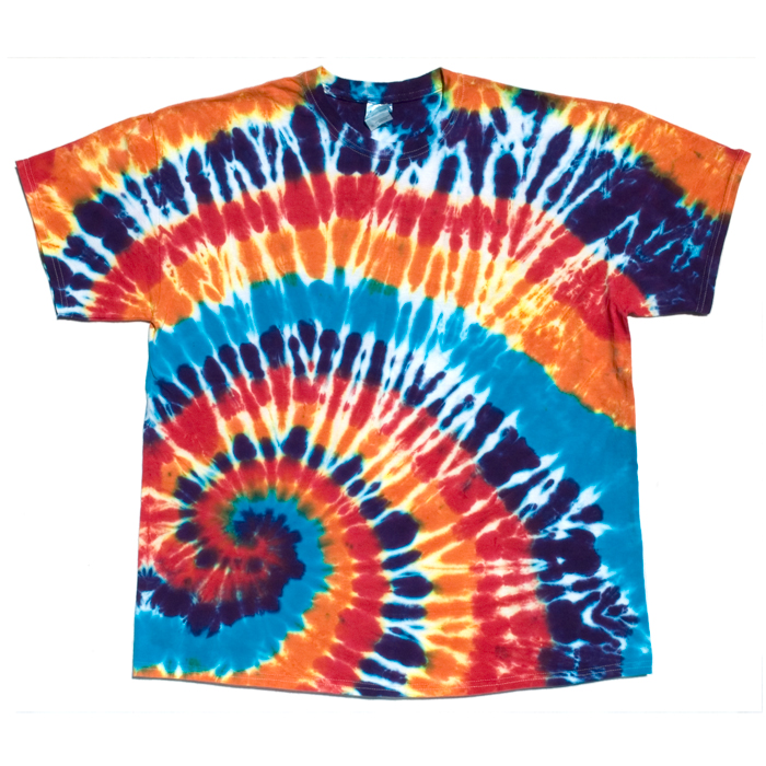 red and blue tie dye shirt